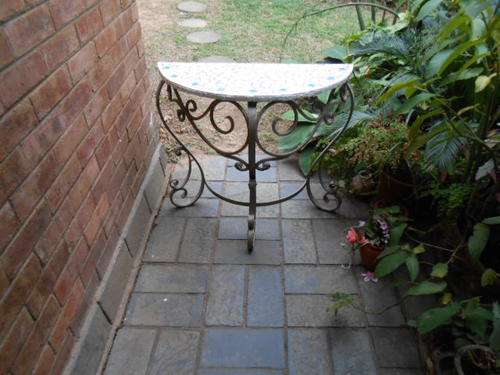 WROUGHT IRON AND MOSAIC HALF MOON TABLE