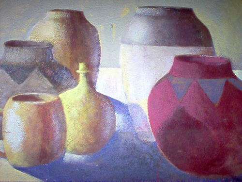 TEXTURISED PAINTING ON BOARD- COLOURED CONTAINERS SIGNED ODI.