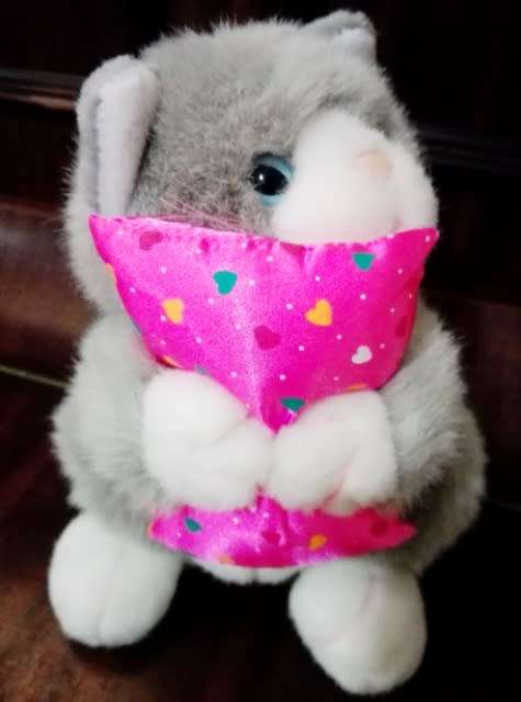 Smokie the beautiful white and grey cat with a pink heart pillow.  22cm.