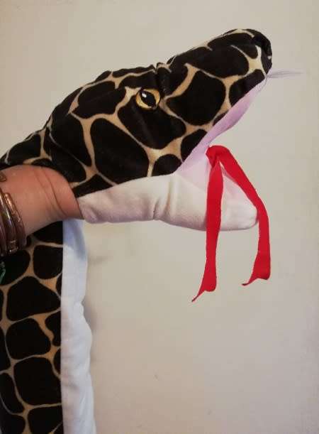 Slippy the Rattle Snake Hand Puppet.  Beautiful, plush soft toy with rattle tail!  145cm.