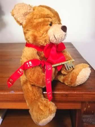 Teddy with 18th year Birthday key & red Ribbon! A & A Plush Toy. 22cm.