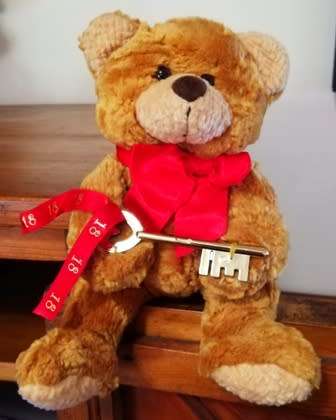 Teddy with 18th year Birthday key & red Ribbon! A & A Plush Toy. 22cm.