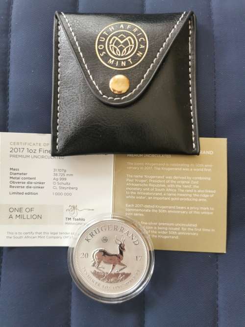 2017 Krugerrand 1 Oz Silver Premium Uncirculated Coin with 50th Anniv. Mint mark,Capsule,Pouch,Cert.