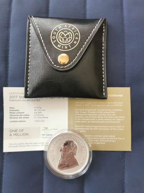 2017 Krugerrand 1 Oz Silver Premium Uncirculated Coin with 50th Anniv. Mint mark,Capsule,Pouch,Cert.
