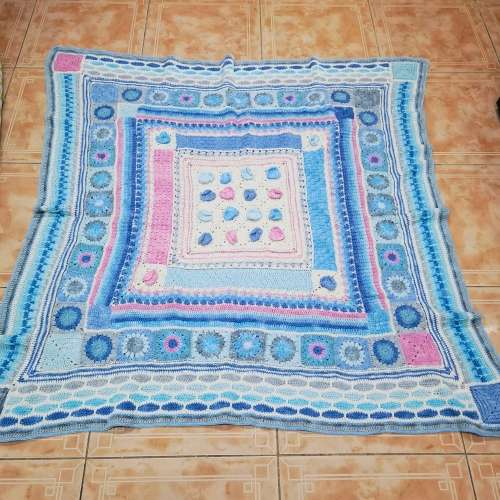 Crochet Cotton Yarn Mosaic Overlay Blue and Pink Square120cm x 120cm