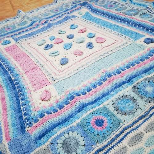 Crochet Cotton Yarn Mosaic Overlay Blue and Pink Square120cm x 120cm