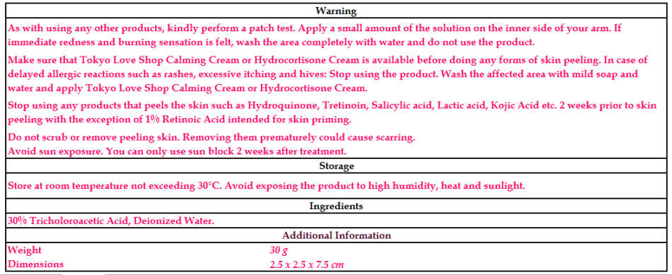 Japanese TCA Peel - 30% - Face and Body