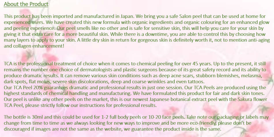 Japanese TCA Peel - 30% - Face and Body