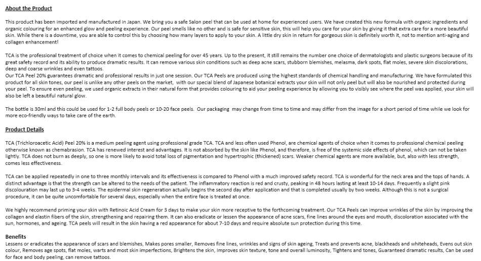 Japanese TCA Peel - 20% - 30ml-Face and Body - Sensitive Skin