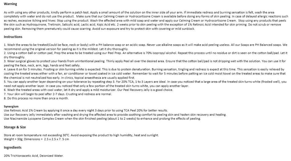 Japanese TCA Peel - 20% - 30ml-Face and Body - Sensitive Skin