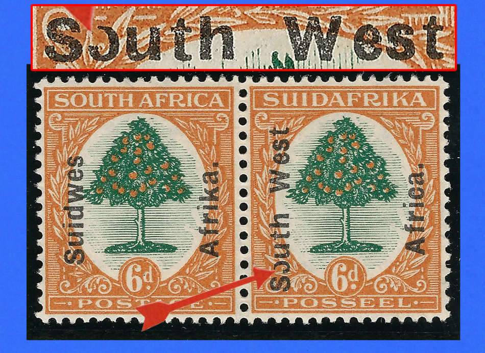 SWA 1927 - 6d Pair with Stunning Ovpt Variety Broken "O" of "South" VF/MM (SACC 69 var) Cat R130.00+