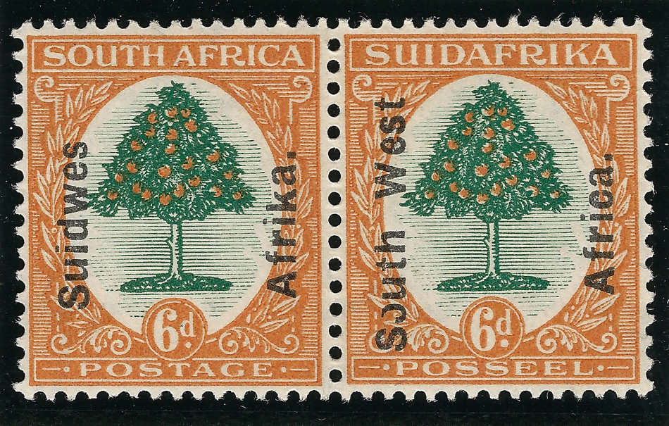 SWA 1927 - 6d Pair with Stunning Ovpt Variety Broken "O" of "South" VF/MM (SACC 69 var) Cat R130.00+