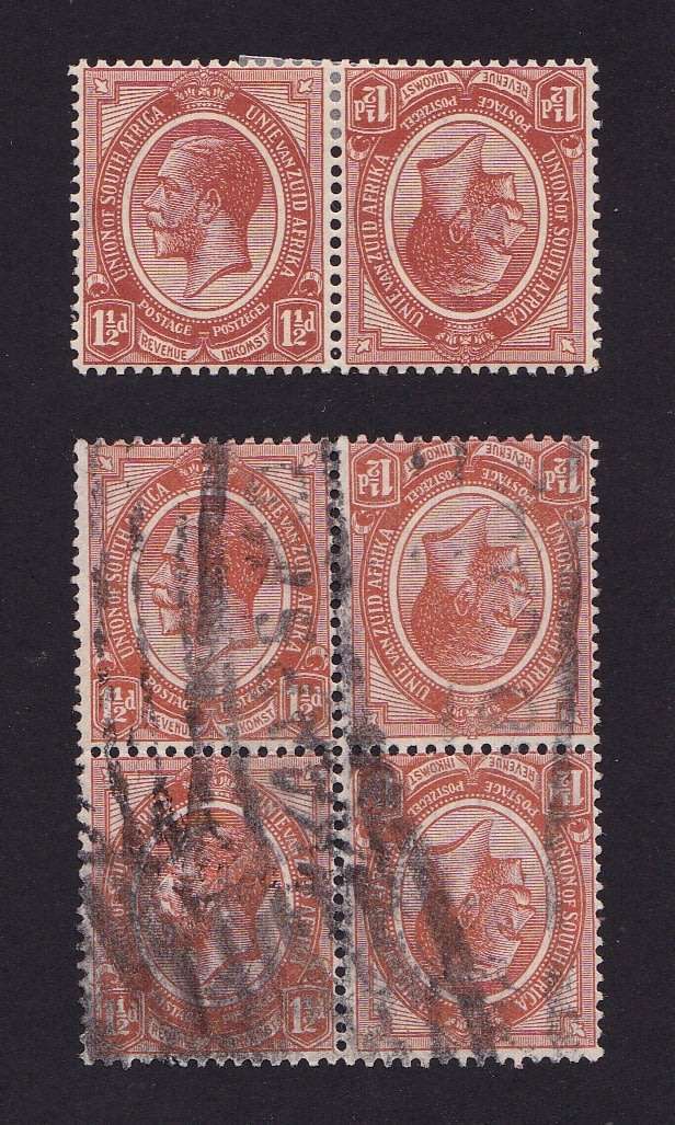 SA Union 1913: 1½d  KGV Heads - Mint Pair / Used Block Parcel Cxl KAAPSTAD SACC 4v Cat R590