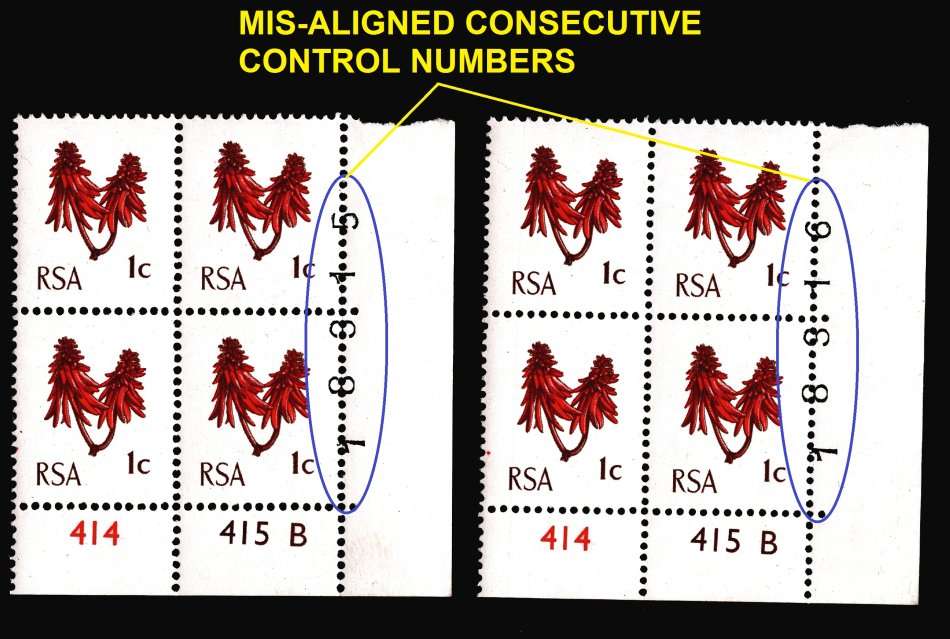 RSA: 1969 2 x 1c Ctrll Blocks with VARIETY - SHIFTED Ctrl No.s into Stamps, UMM, Nice!!