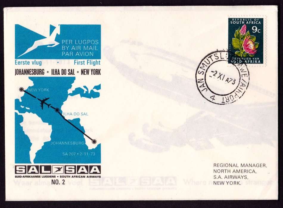 RSA: SAA No.2 1st Flight Cover to New York, Very Clean, Missing from Many SAA collections, High Cat