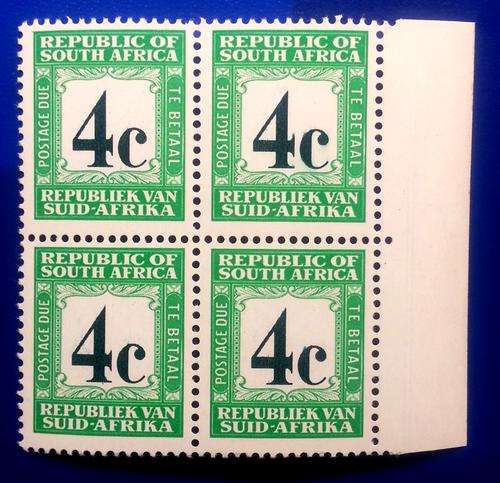 RSA - SCARCE 1969 4c POSTAGE DUE BLOCK with VARIETY SMUDGES (WMK ERROR - SACC 62 / CV R1600.00+)