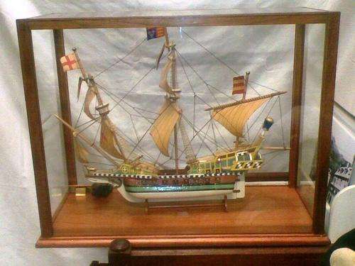 MODEL SHIP - THE GOLDEN HIND - IN TEAK AND GLASS CABINET