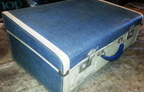 VINTAGE BLUE AND CREAM SUITCASE WITH SAA STICKERS WAS R 295.00 NOW ONLY R 240.00