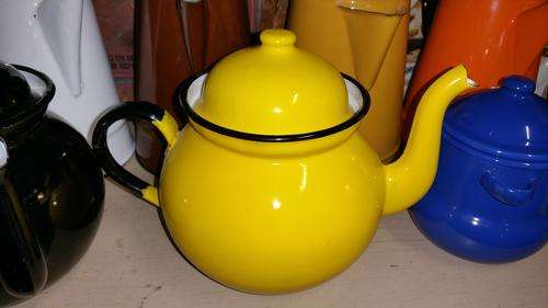 Vintage ENAMEL Tea Pot Yellow & White Inside