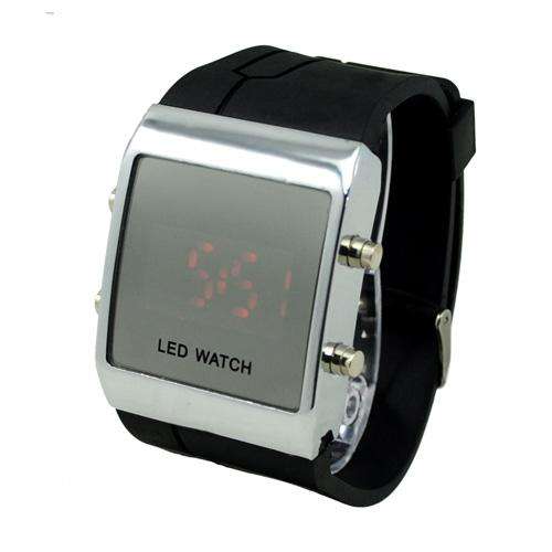 Stylish Red Light Digital LED Mirror Wrist Watch with Black Silicone Band
