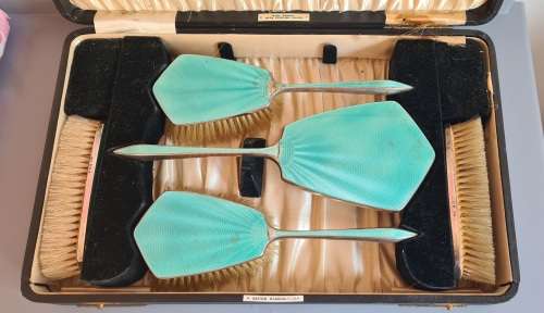 Enamel and Sterling Silver Ladies Brush Set with Mirror