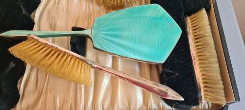 Enamel and Sterling Silver Ladies Brush Set with Mirror