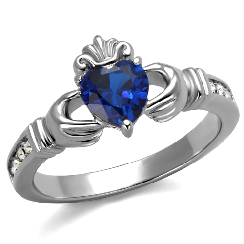 STUNNING SIMULATED BLUE SAPPHIRE LADIES CLADDAGH RING