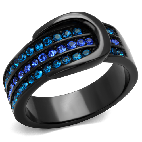 BEAUTIFUL BLACK STAINLESS STEEL SIMULATED SAPPHIRE LADIES RING
