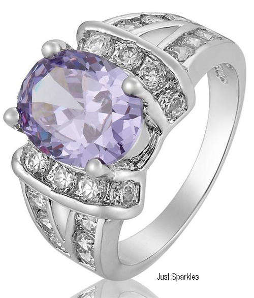 18K WHITE GOLD PLATED SIMULATED AMETHYST LADIES RING