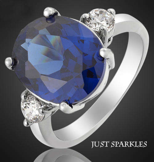 WHITE GOLD PLATED SIMULATED SAPPHIRE LADIES RING