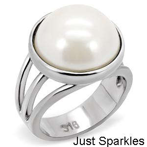 STAINLESS STEEL PLATED SIMULATED PEARL LADIES RING
