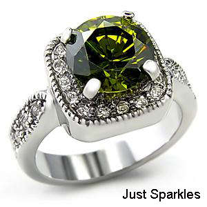18K WHITE GOLD PLATED SIMULATED GREEN PERIDOT LADIES RING