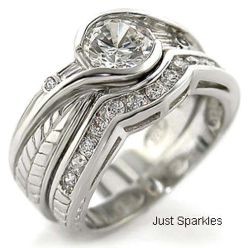 STUNNING  WHITE GOLD PLATED SIMULATED DIAMOND WEDDING RING SET
