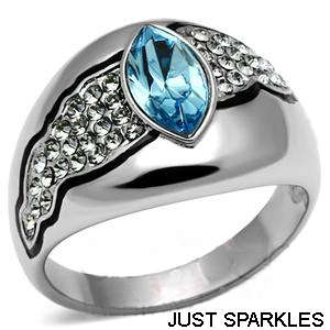 STAINLESS STEEL SIMULATED BLUE TOPAZ LADIES RING