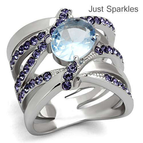 STAINLESS STEEL SIMULATED BLUE TOPAZ LADIES RING