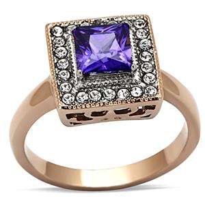 STUNNING ROSE GOLD OVER STAINLESS STEEL SIMULATED AMETHYST LADIES RING