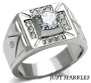 TRENDY MEN'S STAINLESS STEEL AND SIMULATED DIAMOND RING