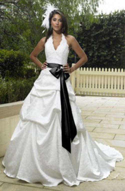 STRIKING WHITE HALTERNECK WEDDING GOWN WITH BLACK SASH