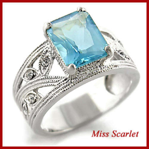 18ct WHITE GOLD PLATED AQUAMARINE SIMULATED DIAMOND RING