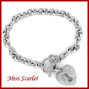 Rhodium  Plated Heart and Key Simulated Diamond Bracelet