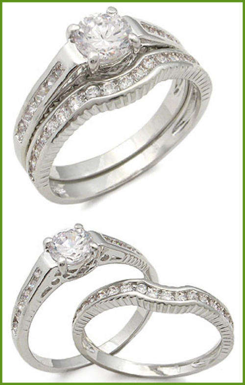 18ct WHITE GOLD PLATED SIMULATED DIAMOND WEDDING SET
