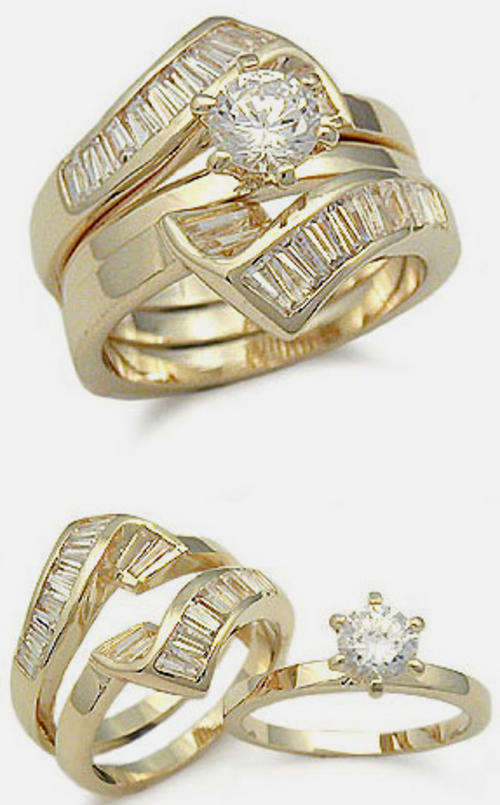 18ct YELLOW GOLD PLATED WEDDING RING SET & FREE BRACELET!!