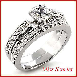 SIMULATED DIAMOND 18KT WHITE GOLD PLATED WEDDING RING SET
