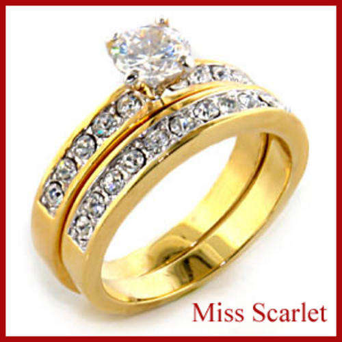SIMULATED DIAMOND 18KT YELLOW GOLD PLATED WEDDING RING SET