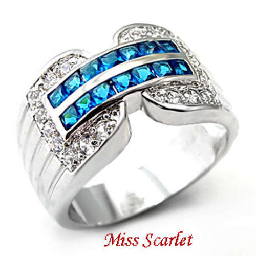 SIMULATED SAPPHIRE AND SIMULATED DIAMOND 18KT WHITE GOLD PLATED RING