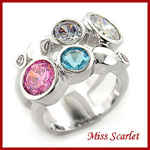 MULTI COLOURED SIMULATED DIAMOND 18KT WHITE GOLD PLATED RING
