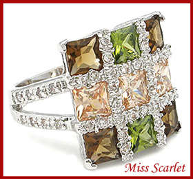 MULTI COLOURED SIMULATED DIAMOND 18KT WHITE GOLD PLATED RING