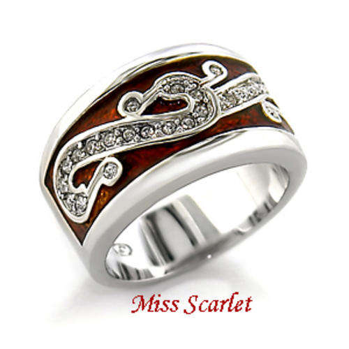 SIMULATED DIAMOND AND RED ENAMEL 18KT WHITE GOLD PLATED RING