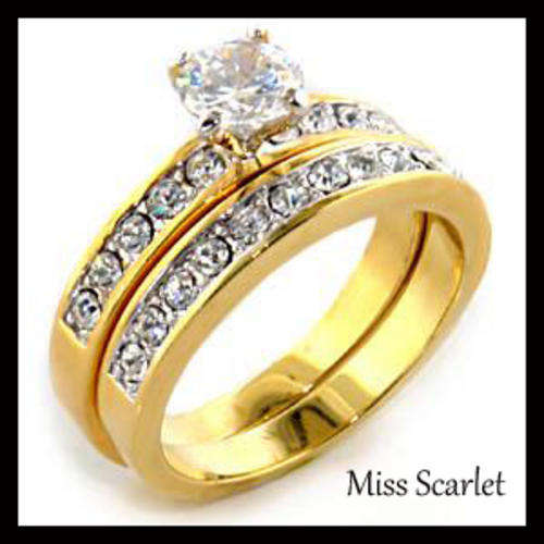 SIMULATED DIAMOND 18KT YELLOW GOLD PLATED WEDDING RING SET