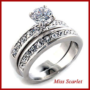 18K WHITE GOLD PLATED SIMULATED DIAMOND WEDDING RING SET